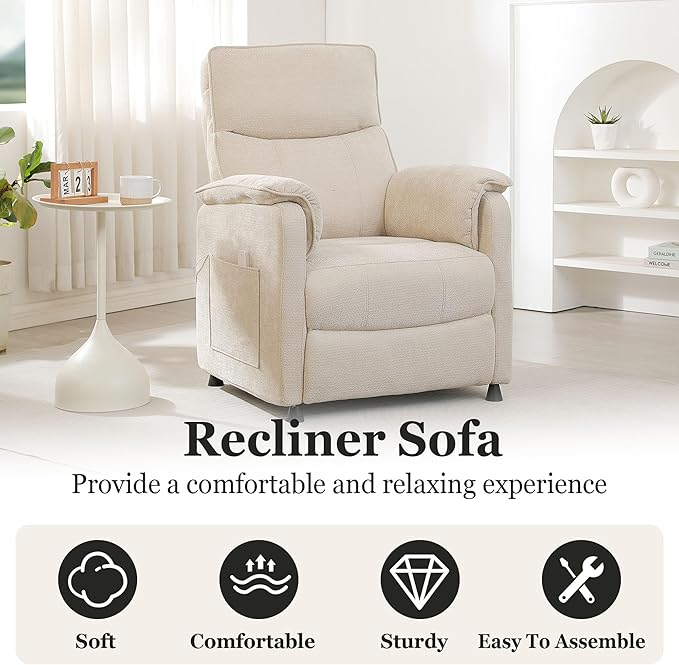 Small Electric Nursery Recliner Chairs for AdultsGrey Power Recliner Chairs with Remote &amp Side Pockets Fabric Reclining Chair for Living Room Bedroom Ofiice Comfort &amp Space-Saving (Beige)