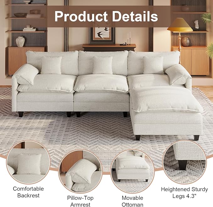 Modular Sectional Sofa 108” Comfy Cloud Couch with Movable Ottoman | Charging Station | Side Pocket | Throw Pillow Modern L-Shaped Couches for Living Room Chenille White