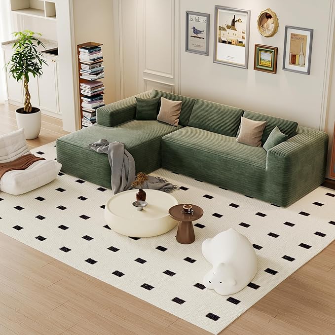 108” Boneless Couches for Living Room L-Shape Modular Sectional Sofa Couches High Rebound Sponge Comfy Fluffy Corduroy Cloud Couch with Oversized Chaise and Deep Seat (Olive Green)
