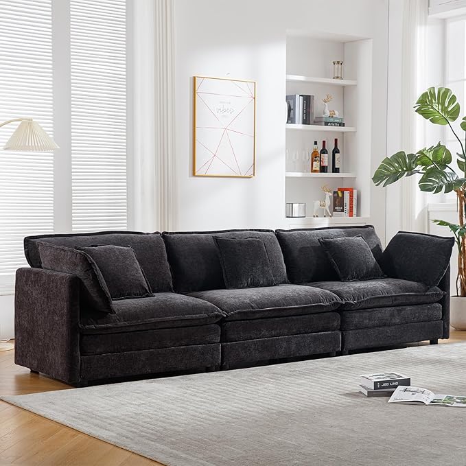 111.5 Oversized Deep Seat Sectional Sofa Black Modern Chenille Cloud Couch Large 3 Seater Modular Sofa with 5 Pillows for Living Room Bedroom Apartment Office