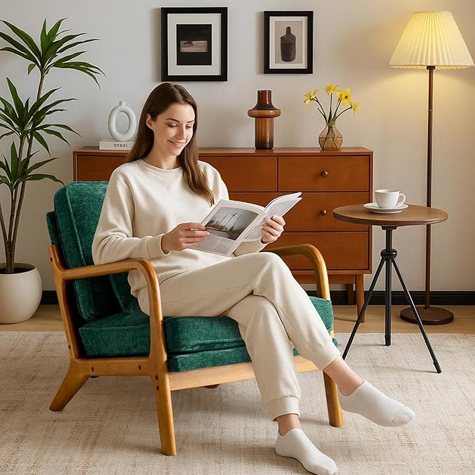 Karl home Mid Century Modern Accent Chair with Lumbar Pillow &amp Oak Arms – Plush Chenille Living Room Chair for Bedroom Lounge (Dark Green)