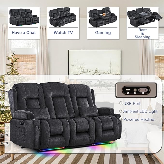 TUNYI Power Loveseat Recliner Sofa with Massage &amp Heat Home Theater Seating with Console RV Recliner Loveseat Sofa with USB/Storage/Side Pocket/LED Light/Speaker (Grey 3 Seat)