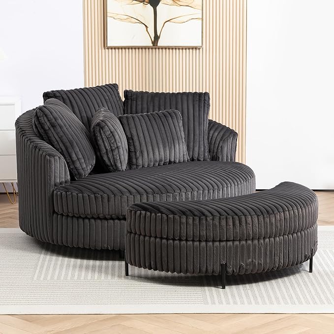 Chifee &amp Vingol 59.8 W Oversized Accent Round Chair Large Barrel Chair with Ottoman &amp Movable Wheels &amp 5 Pillows Faux Fur Fabric - Charcoal
