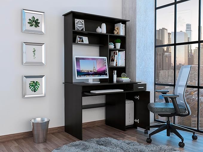 Compu 180 Hutch Desk - Black 5 Shelves Keyboard Tray CPU Panel 1 Drawer - Home Office Desk