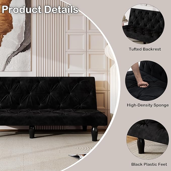 Modern Convertible Futon Sofa Bed Adjustable Loveseat Futon Couch with Metal Legs Upholstered Sofa Bed with Wood Frame Sleeper Couches for Small Compact RV Living RoomOffice (Black-Velvet)