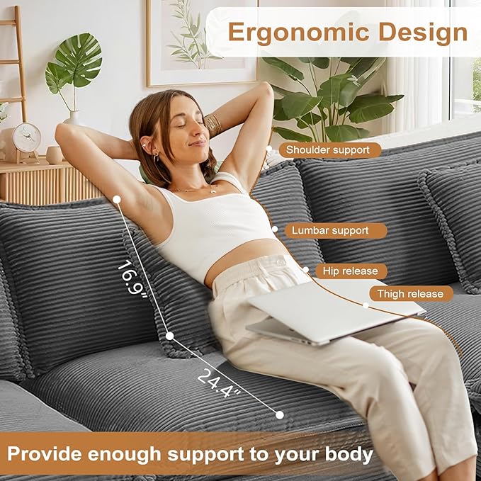 Furniliving Oversized Accent Chair with Ottoman Luxury Corduroy Single Sofa Upholstered Deep Seat Chaise Lounge with Pillows for Living Room Bedroom Apartment Grey
