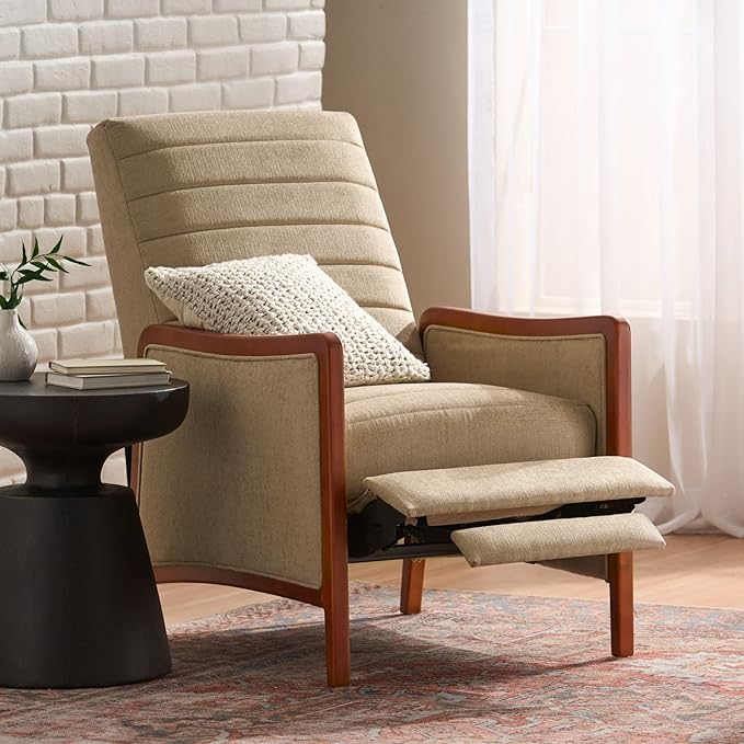 Merax Push Back Recliner Chair with Footrest Reading Lounge Accent Lazy Sofa Seating for Living Room Bedroom Dorm Mid-Century Modern Style Dorm Beige