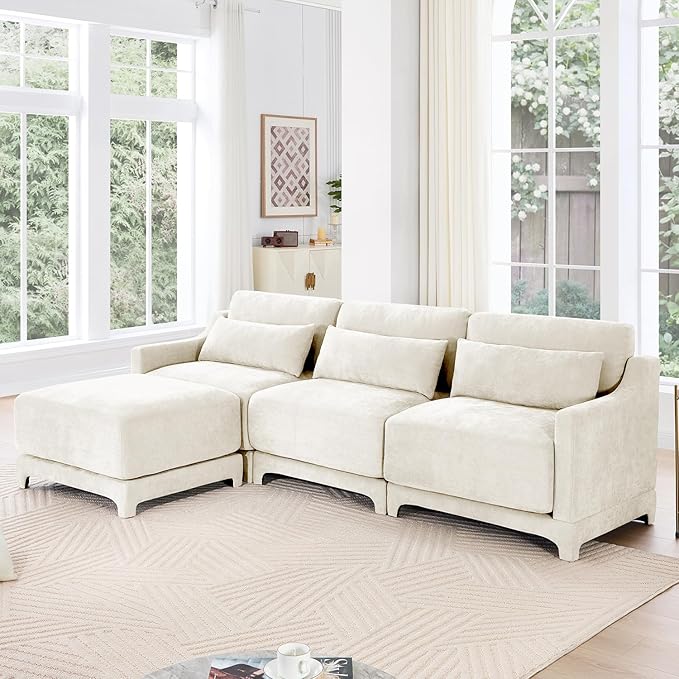 Modular Sectional Sofa Set Optional 2-4 Seater with Lumbar Pillows &amp 0-2 Ottomans Chenille Fabric Ergonomic Easy Assembly for Living Room/Bedroom/Reading Nook (3 Seat + 1 OttomanBeige)