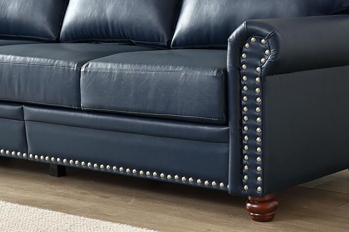 Faux Leather Sofa Set of 2: Love Seat +3 Seat Couch Underseat Storage Classic Sofa Elegance Rolled Armrests Nailhead Trim Wood Legs Classic Living Room Accent 2+3 Seat-Navy Blue