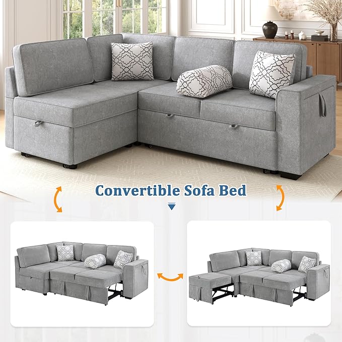 83.9 Convertible Sectional Sofa Bed Chenille L-Shaped Sofa with Dual Pull-Out Sleepers Flip-Top Table USB Ports Cup Holder &amp Storage for Living Room Office Apartment (Light Gray-7.22)