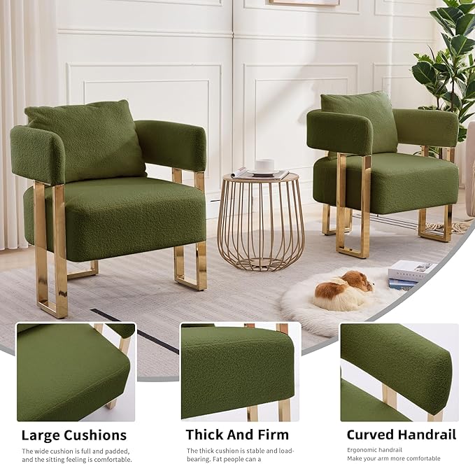 YISHENG Modern Barrel Accent Chairs Set of 2 Living Room Side Chairs with Golden Metal Legs Soft Teddy Upholstered Reading Armchairs no Wheels for Vanity/Reception Room//Bedroom/Lounge/Office Green