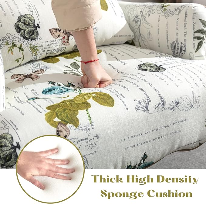 Floral Accent Chair with Arms Linen Fabric Modern Arm Chair with Removable Pillow Upholstered Corner Reading Chair Comfy Single Sofa for Living Room/Bedroom/Fireplace Beige-Butterfly Pattern