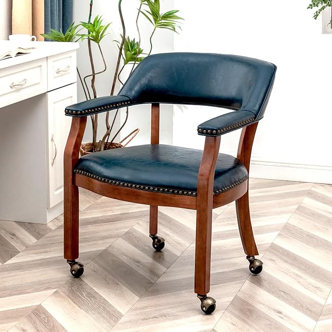 Convenience Concepts Take a Seat Dillon Armchair with Wheels in Blue Vegan Leather Fabric and Wood