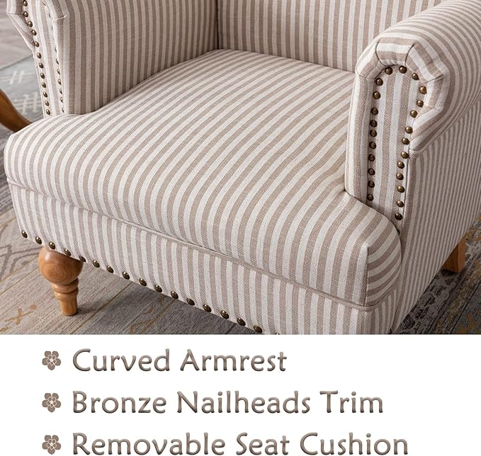 chairus Linen Accent Chair for Living Room Upholstered Mid Century Modern Single Sofa Chair with Solid Wood Legs Comfy Reading Chair Armchair for Bedroom/Office Room/Recption/Lounge Khaki Stripe