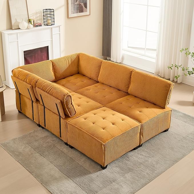 121 Inch Cloud Oversized Modular Sectional Sofa U Shaped Modular Couch with Reversible Chaise Comfy 6 Seat Convertible Sectional Sofa with Ottoman for Living Room Mustard Yellow