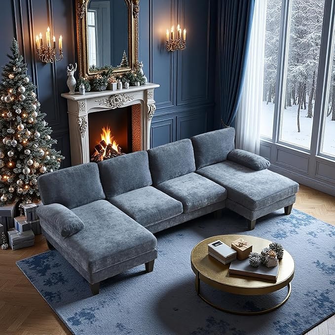 VINGLI 110 Sectional Couches for Living RoomU Shaped Couch with Double Chaise 4-Seat Sofa Set with Corduroy Fabric for Home FurnitureOcean Blue