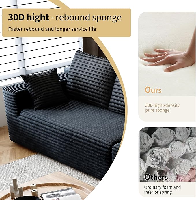 139.4 L Shaped Cloud Sectional Sofa for Living Room Plush Corduroy Cover Fluffy Memory Foam Cushions No Assembly Required Modular Chaise Lounge Oversized Comfortable Couches Set Black