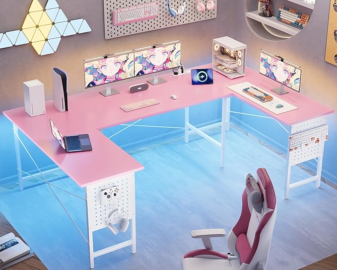 Pamray 71 Inch Large Computer Desk with Power OutletsU Shaped Corner Desk for Home Office Work and Gaming Pink