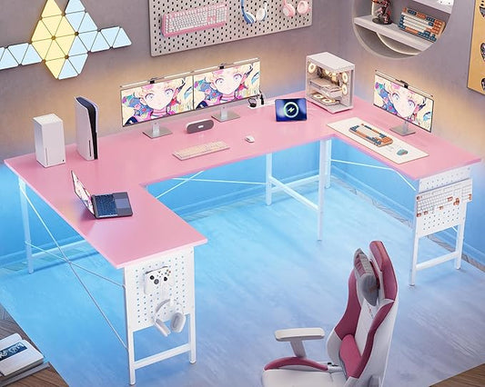 Pamray 71 Inch Large Computer Desk with Power OutletsU Shaped Corner Desk for Home Office Work and Gaming Pink