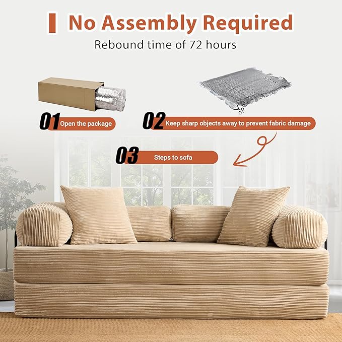 81'' Foldable Sofa Bed Convertible Sleeper Sofa with Fixed-Shape Frame Boneless Corduroy Foldable Couch Bed for Small Spaces Living Room Bedroom Studio(BeigeCorduroy Sofa Bed)