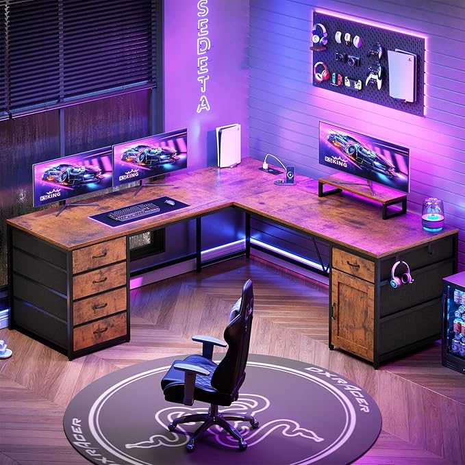 SEDETA L Shaped Desk 63 Computer Desk with 5 Drawer &amp Power Outlet Long Home Office Desk or Corner Desk L Shaped Corner Desk with Monitor Shelf Storage Cabinet Rustic Brown