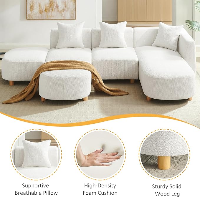 VANOMi 109.84 Modular Sectional Sofa with 3 Pillows Convertible 5-Seater Comfy Boucle Cloud Couch with Ottoman Modern Sectional Sofas for Living Room Office Apartment (White)