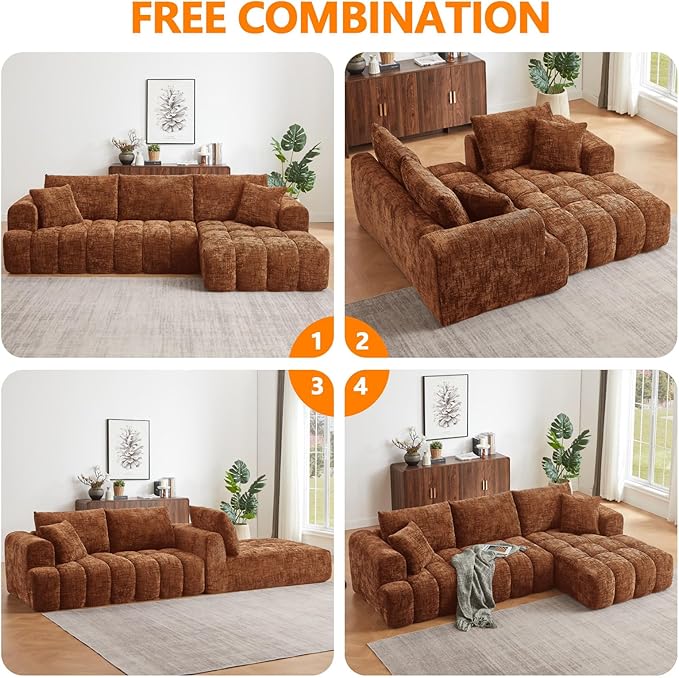 Luxury 108 L Shape Boneless Couches for Living Room Chenille Modular Sectional Cloud Sofa Couch W/Deep Seat &amp Pillows Memory Foam Couch W/Oversized Chaise (Orange Left Facing Chaise)