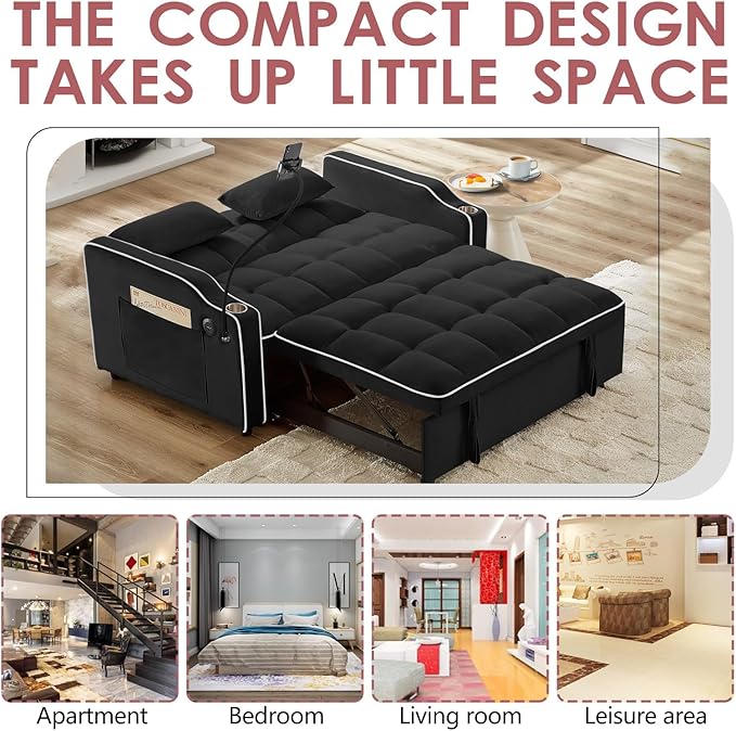 3 in 1 Convertible Sofa Bed Velvet Pull Out Couch Bed w/ Adjustable Back Love Seat Sleeper Beds w/ USB Ports &amp Cup Holders Phone Stand Full Size Futon Couch for Living Room Small Spaces (Black