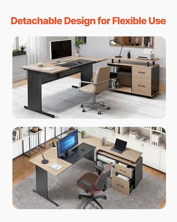 VEVOR 63 L-Shaped Executive Desk Large Office Desk with Drawers File Storage Cabinet Detachable 350 LBS Load Capacity Corner Table Easy Assembly Business Furniture Workstation for Home Office