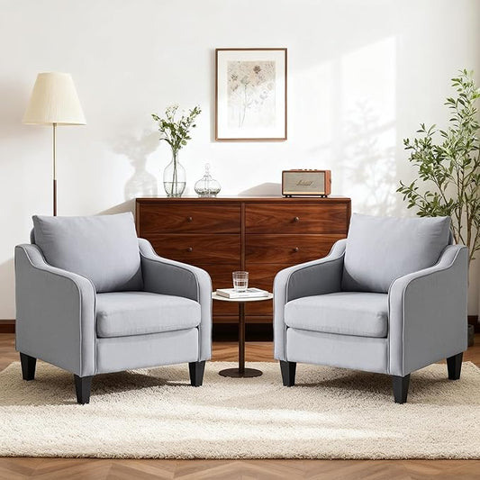 Accent Chairs Set of 2 Gray Mid Century Modern Arm Chair Fine Linen Fabric Upholstered Armchair with Scooped Arms Comfy Reading Chair for Living Room Bedroom Office Apartment