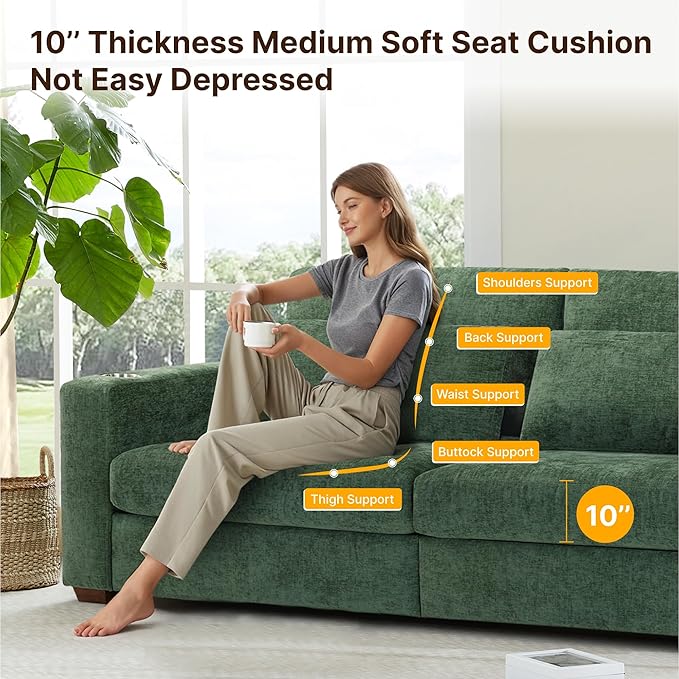 89 Sofa Couch for Living Room Chenille Upholstered Couch with Deep Seats and Wide Armrests 3 Seater Comfy Sofa with Cup Holders USB &amp Type-C Ports Spring Cushion Solid Wood Frame Green