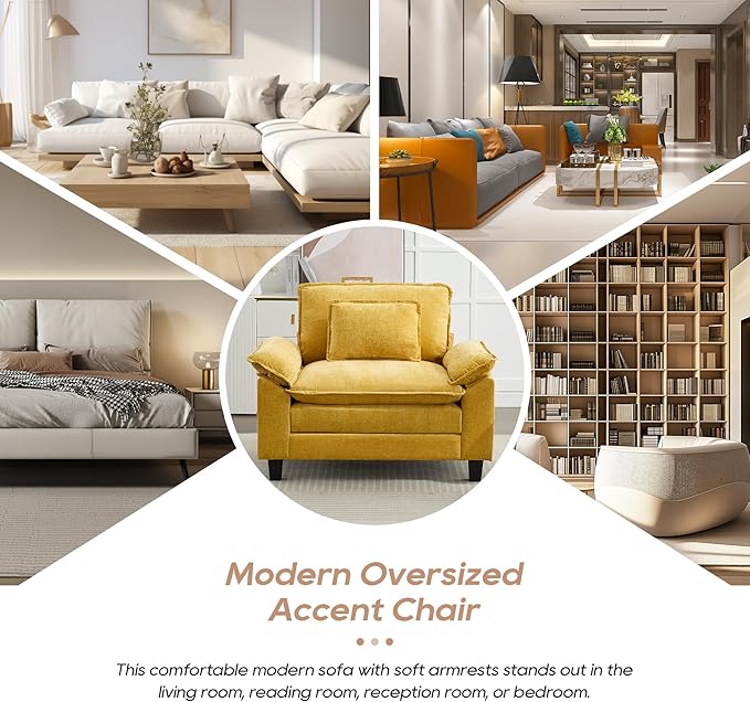 IPKIG Chenille Oversized Accent Chair - 53 W Cozy Upholstered Single Reading Armchair Modular Cloud Sofa for Living Room Bedroom Kids Room Family Room Reading Nook (Yellow Chair Only)