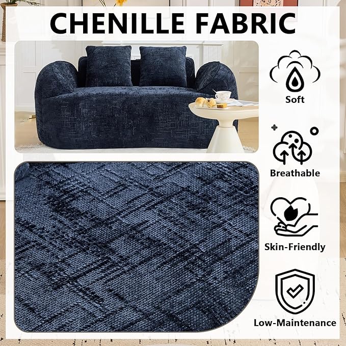67 Curved Loveseat Sofa with 2 Pillows Modern Boneless Couch in a Box Small Cloud Loveseat for Bedroom Small Space Apartment Living Room Memory Foam Chenille No Assembly (Blue)
