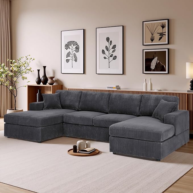 Dreamzie 120” Sectional Couches for Living RoomU Shaped Modular Sofa Couch with Double Oversized Chaise 4 Seat Corduroy Grey