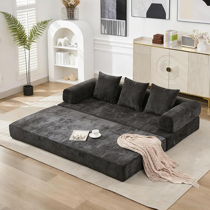 79 Inch 4-in-1 Convertible Sofa Bed Boneless Couches Chenille Folding Sleeper with Pull Out Bed Floor Futon Modular Lounge Loveseat compressed sofa No Assembly Required for Living Room (Black)