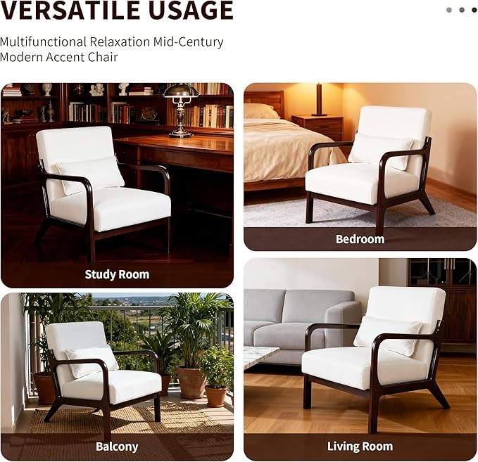 Mid Century Modern Accent Chair with ArmrestsSolid Wood Frame Cushioned Seat &amp Backrest Easy Assembly Ideal for Living Room Bedroom Office Light Beige