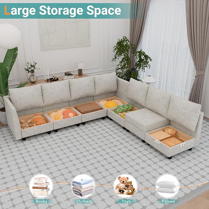 Fiona's magic Modular Sectional Sofa Set 7 Seats Sleeper Sofa Couch with Storage Sectional Sofa Couch with USB Charging Port Modern Comfy Chenille Couch for Living Room Beige