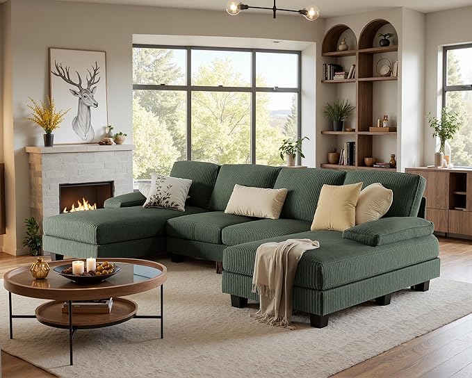 Furniwell Convertible Sectional Sofa Couch 4 Seat Sofa Set for Living Room U-Shaped Modern Fabric Modular Sofa Sleeper with Double Chaise &amp Memory Foam (Corduroy Deep Green)