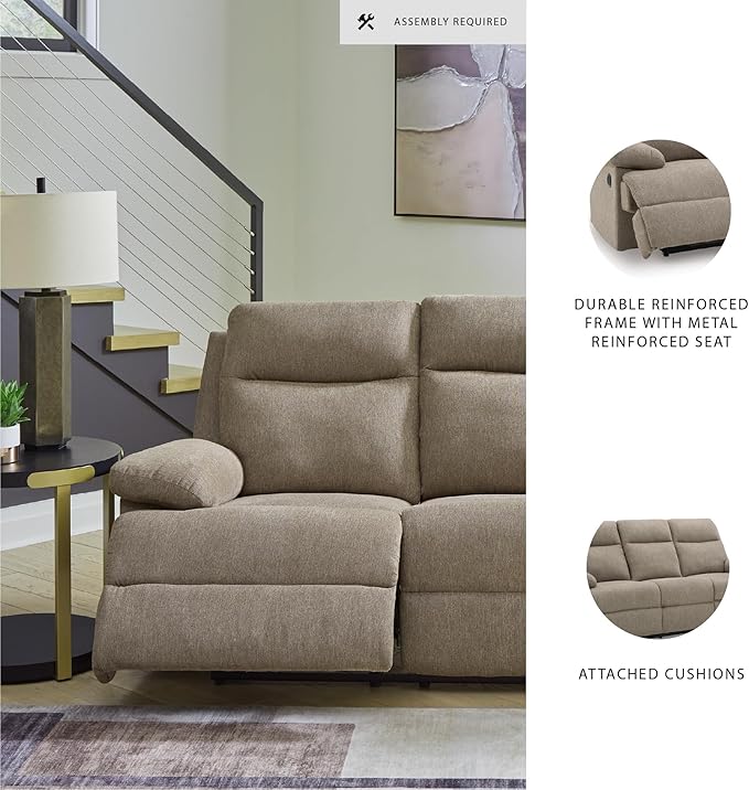 Signature Design by Ashley Yarrow Lane Classic Chenille Manual Pull Tab Reclining Sofa with Drop Down Table and USB Charging Light Brown