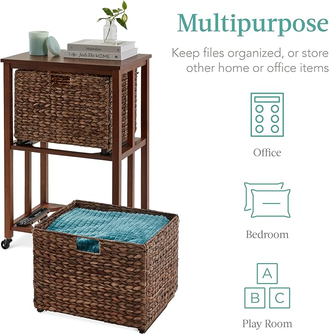 Best Choice Products Vertical Rolling File Cabinet Multipurpose Portable Water Hyacinth Basket Organizer for Home Office Workspace w/Rubberwood Frame Metal Sliders Locking Caster Wheels - Mocha