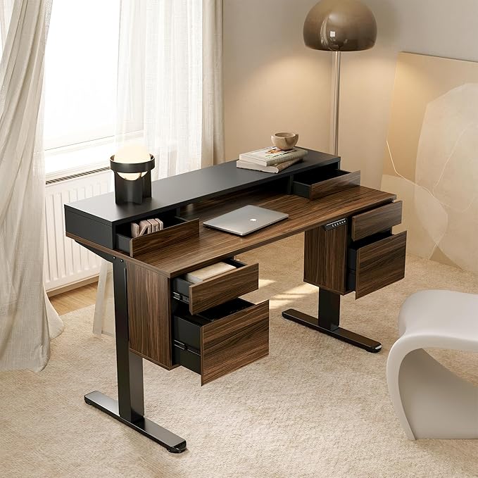 HUANUO Electric Standing Desk with 6 Drawers 55 Inch Height Adjustable Stand Up Desk with Storage Computer Workstation Compatible with Monitor Stand for Home Office Black Walnut
