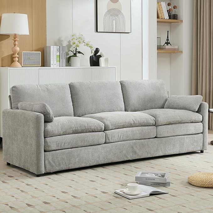 89 Oversized Cozy Upholstered 3-Seater Sofa Comfy Cloud Sofa with Detachable Lumbar Pillow Chenille Fabric Cloud Sofa Double Cushion Couch for Living Room (Light Grey-3c)