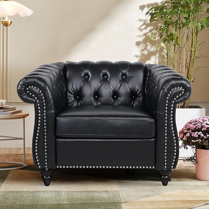 Chesterfield Accent Chair Leather Comfy Reading Club Chair Mid Century Modern Vanity Armrest 1 Seat Couch for Living Room Bedroom Office (PU Black)