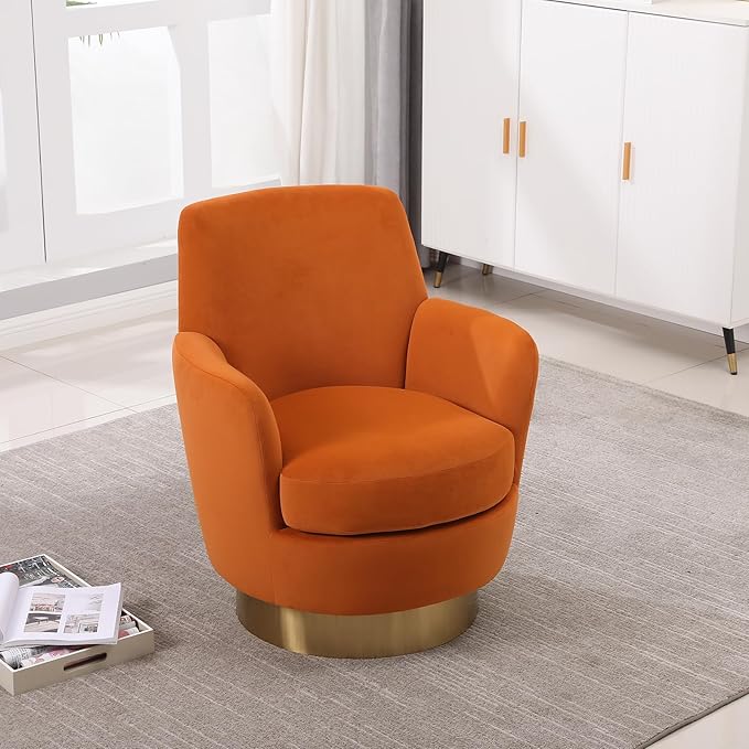 360° Swivel Barrel Accent Chair Comfy Round Accent Chairs with Gold Iron Base &amp Dual-Layer Cushion Modern Lounge Reading Armchair Upholstered Sofa Chair for Living Room Bedroom(Velvet Orange)