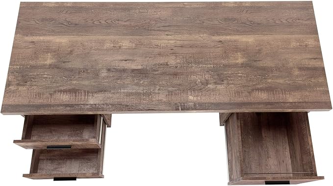BOWERY HILL Computer Desk 60 in Wide Metal Legs Brown Reclaimed Wood-Look Finish Storage Drawers Thick-Panel Floating Top Reversible Configuration Modern Style Home Office Writing Desk