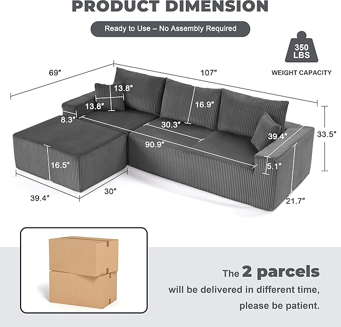 107 Modular Sectional Sofa L-Shaped Boneless Couch with Deep Seat Cozy Cloud Couch Sectional with Convertible Ottoman Modern Sectional Couches for Living Room No Assembly Darkgray