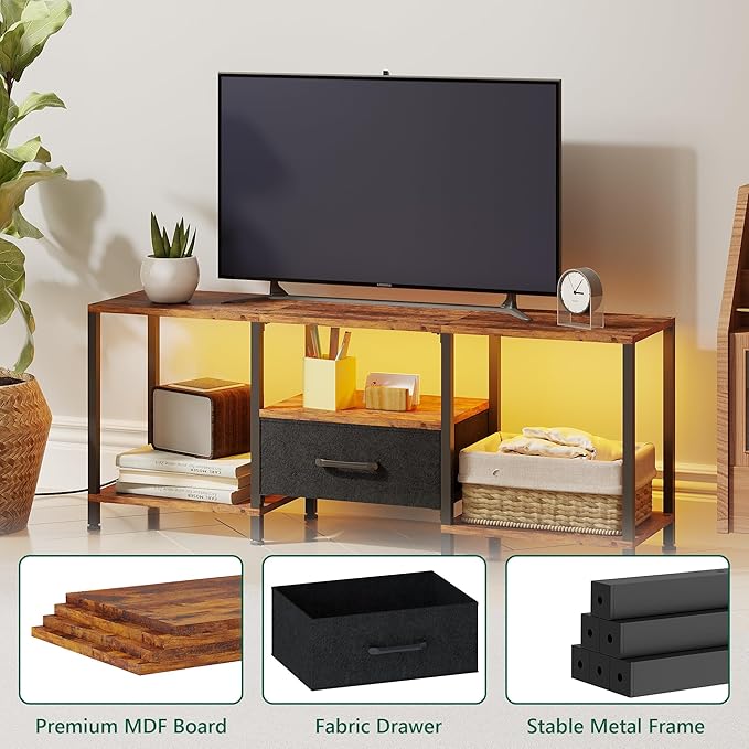 TV Stand with LED Lights Entertainment Center with Open Shelves and Fabric Drawer Media Console for 55 Inch TV Television Stands Living Room Furniture Bedroom Rustic Brown