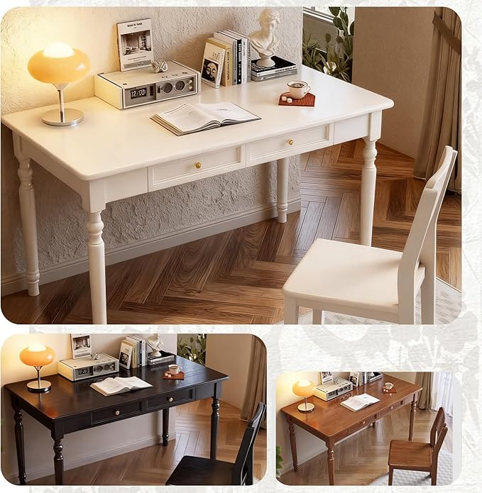 Solid Wood French Country DeskWriting Desk with Storage DrawersFarmhouse Computer Table Makeup Table Modern Simple Stylefor Home Office Living Room Study Workspace Bedroom (White 47.2IN)