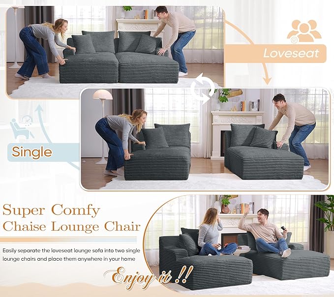 Oversized Chaise Lounge Chair Indoor Modern 78-inch Upholstered Corduroy Love Seat Sofa Bed with 4 Throw Pillows and Armrests Double Modular Sleeper Sofa Couch for Living Room Bedroom Dark Grey