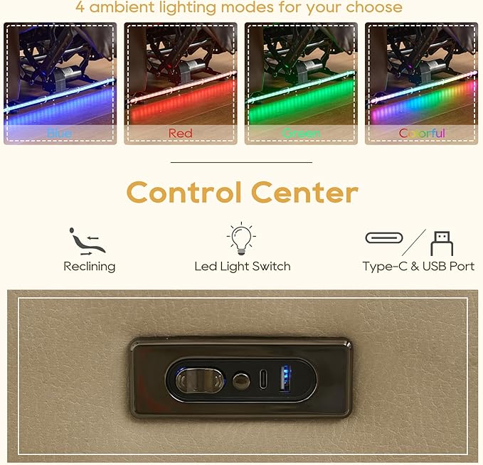 IPKIG Power Loveseat Recliner Sofa with Flip-Up Backrest Console Bluetooth Speakers Drawer AC Outlet LED Light Wall Hugger Recliners for Living Room RV Home Theater (Beige Loveseat)